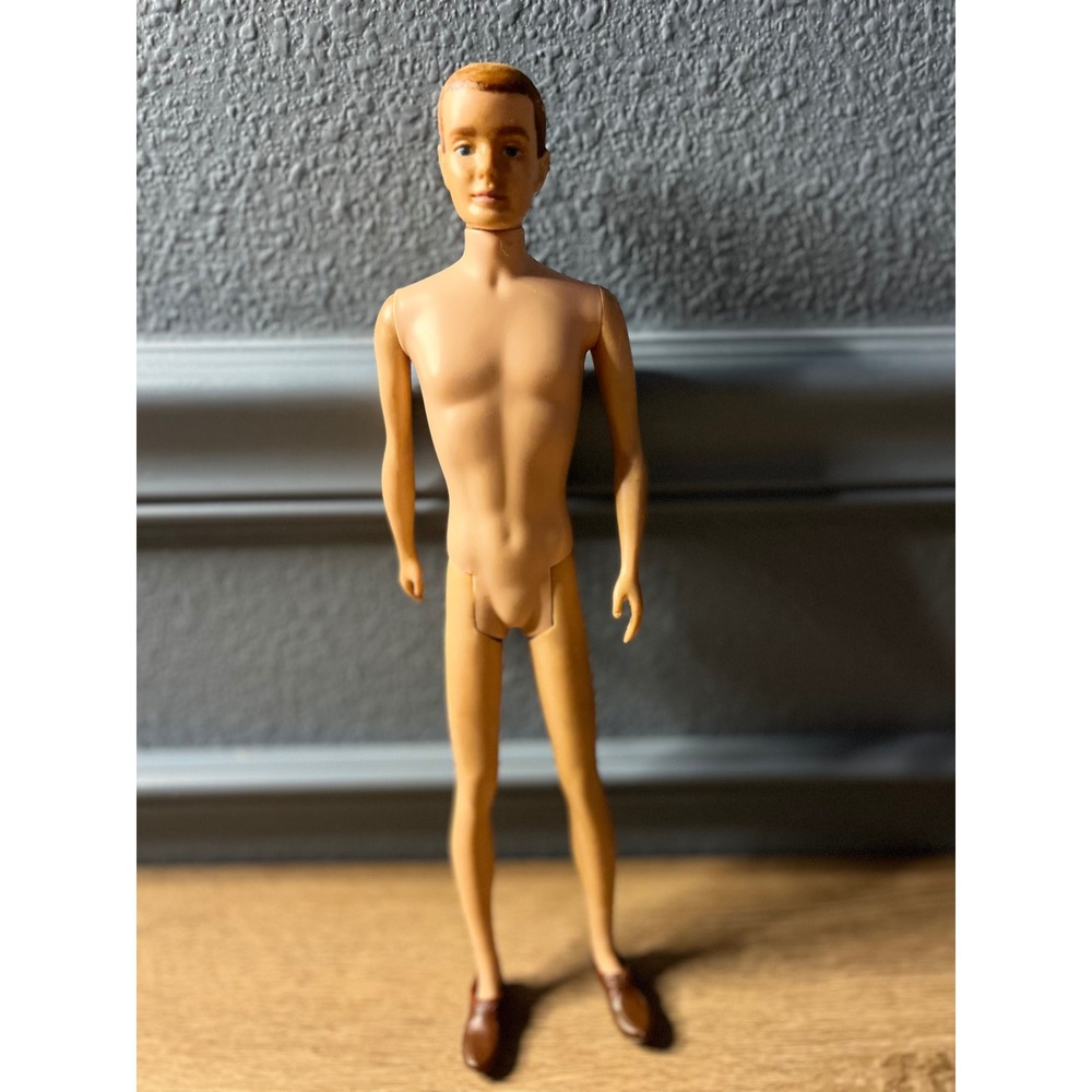 Vintage 1960 Mattel Ken Doll Flocked Blonde Hair Blue Eyes Brown Shoes 750
